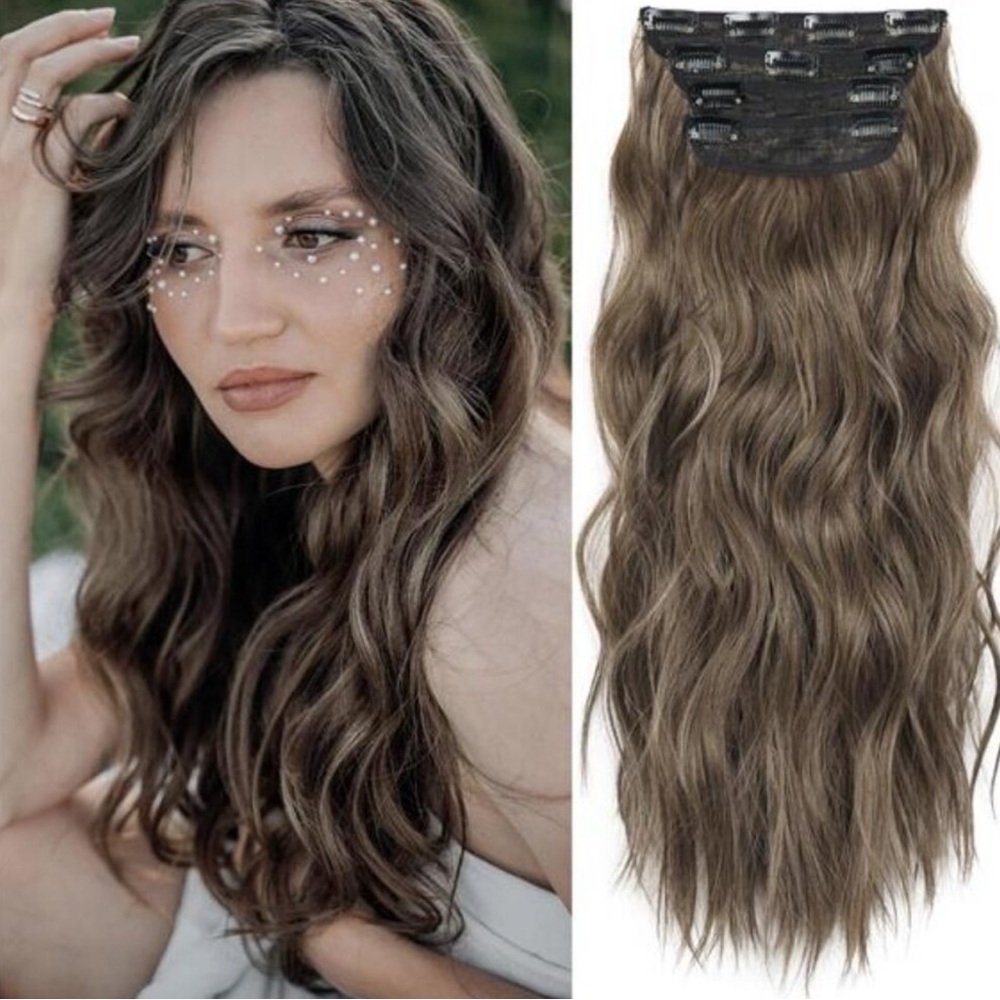 4PCS Clip in Hair Extensions, Brown Mixed Middle Brown Highlight